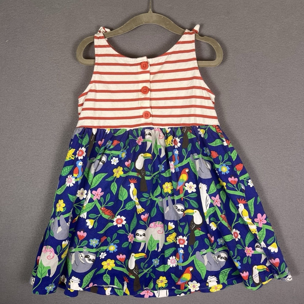 Mini Boden Tie Shoulder Hotchpotch Dress Red Stripe Sloth Gecko Sz 3-4